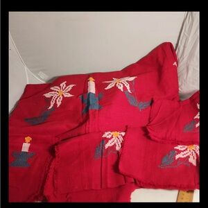 Red Linen Hand Embroidered Tablecloth 90x55” And 4 Napkins 14” Holiday Christmas